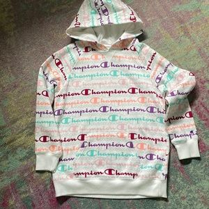 Champion girls hooded sweatshirt white with multi color lettering